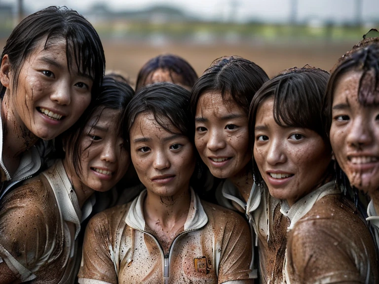 (A plain white short sleeved dirt stained field hockey uniform with a very tight white half zip:1.7)、(A large, dirt-stained, white, square collar: 1.6)、(Red clay ground:1.5)、My hair is wet and messy、(Beautiful Japanese woman covered in dirt:2.2)、Highest quality, masterpiece, Ultra-high resolution, Photorealistic, Raw Photos,Detailed face,(Muscular woman:1.4), (Fastener open: 1.8), (Upper body zoom up:1.0),(Everyone wears the same clothes:1.0), All members are super beauties, (Group photo of beautiful Japanese women huddled together: 1.7), (Hair tied up: 1.4), (Gentle expression:2.1), Bright photo, (My whole body is drenched in rain: 1.6), (Covered in mud and earth: 1.4)
