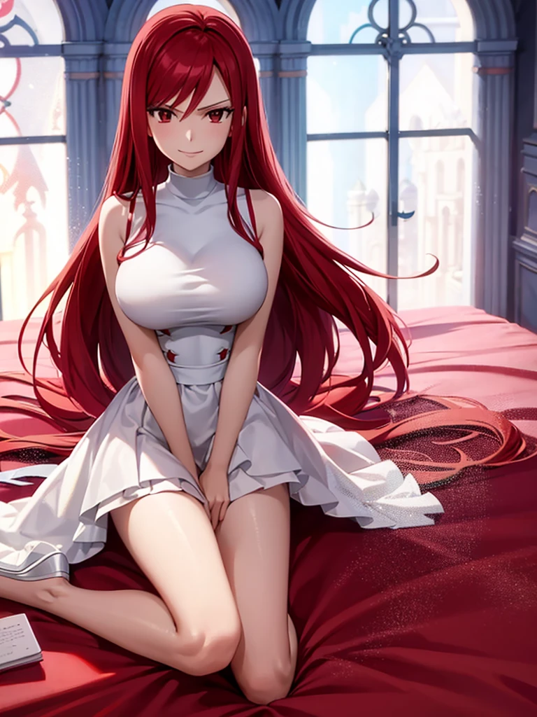 Full body picture of 1 girl: Erza Scarlet, smiling, laying down in bed wearing Rin Tohsaka outfit, in a room with huge church-like windows at night, ultra realistic, top quality, sexy picture