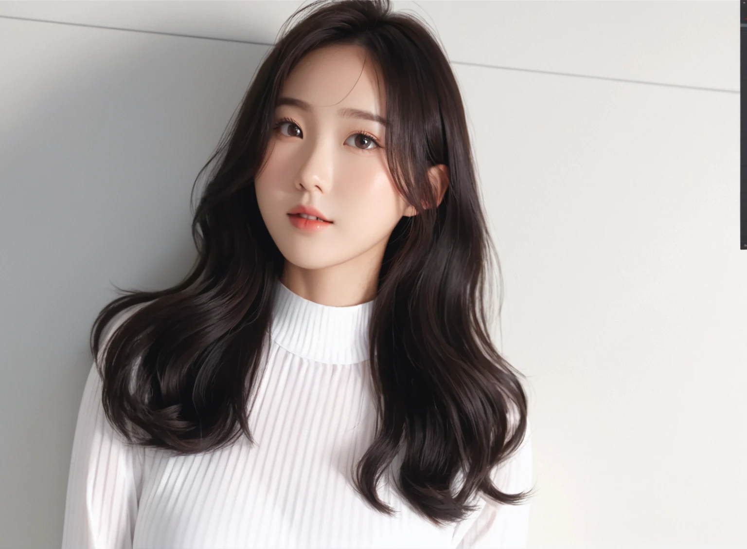 Best Quality, 8k, Masterpiece, (Portrait: 1.3), (photo realistic:1.4), (hyper realistic:1.4), Sharp Focus, looking at viewer, (smoother lighting:1.1), (increase cinematic lighting quality:0.9), realistic lighting, backlighting, light on face, ray trace, (brightening light:1.2), (Increase quality:1.4), sharp detail, (best quality real texture skin:1.4), finely detailed eyes, black_eyes, finely detailed face, 25 year old Korean woman, (white formal_shirt:1.4), (Create an image maintaining the original base model hairstyle:1.5)