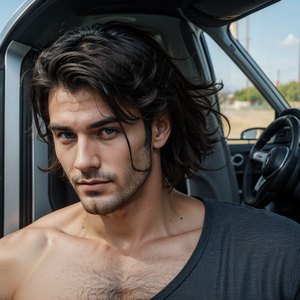 Extremely handsome man with Italian features, He has a marked jaw and his eyes are sky blue., His hair is jet black and he has a dominant look., He has NO facial hair 