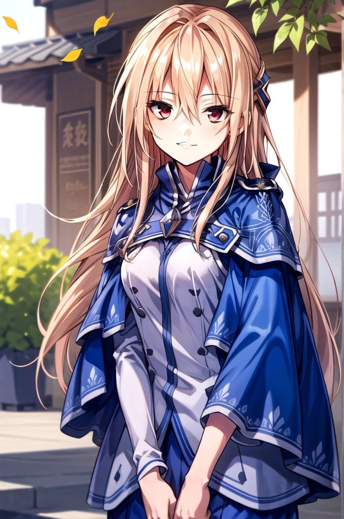 ((masterpiece))、(((Highest quality)))、((Super detailed))、((An illustration))、Attention to detail、Highly detailed CG Unity 8k、High resolution,One girl, Long Hair, alone, Hair between the eyes, smile, Red eyes, Kind eyes,Floating Hair, Blurred background, Blonde, View your viewers, Blurred, Upper Body, very Long Hair, bangs, Shiny hair, leaf, Shiny, Capelet, Blue Cape, Yuina Shirakawa,