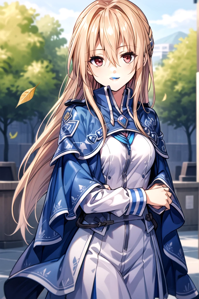 ((masterpiece))、(((Highest quality)))、((Super detailed))、((An illustration))、Attention to detail、Highly detailed CG Unity 8k、High resolution,One girl, Long Hair, alone, Hair between the eyes, smile, Red eyes, Kind eyes,Floating Hair, Blurred background, Blonde, View your viewers, Blurred, Upper Body, very Long Hair, bangs, Shiny hair, leaf, Shiny, Capelet, Blue Cape, Yuina Shirakawa,