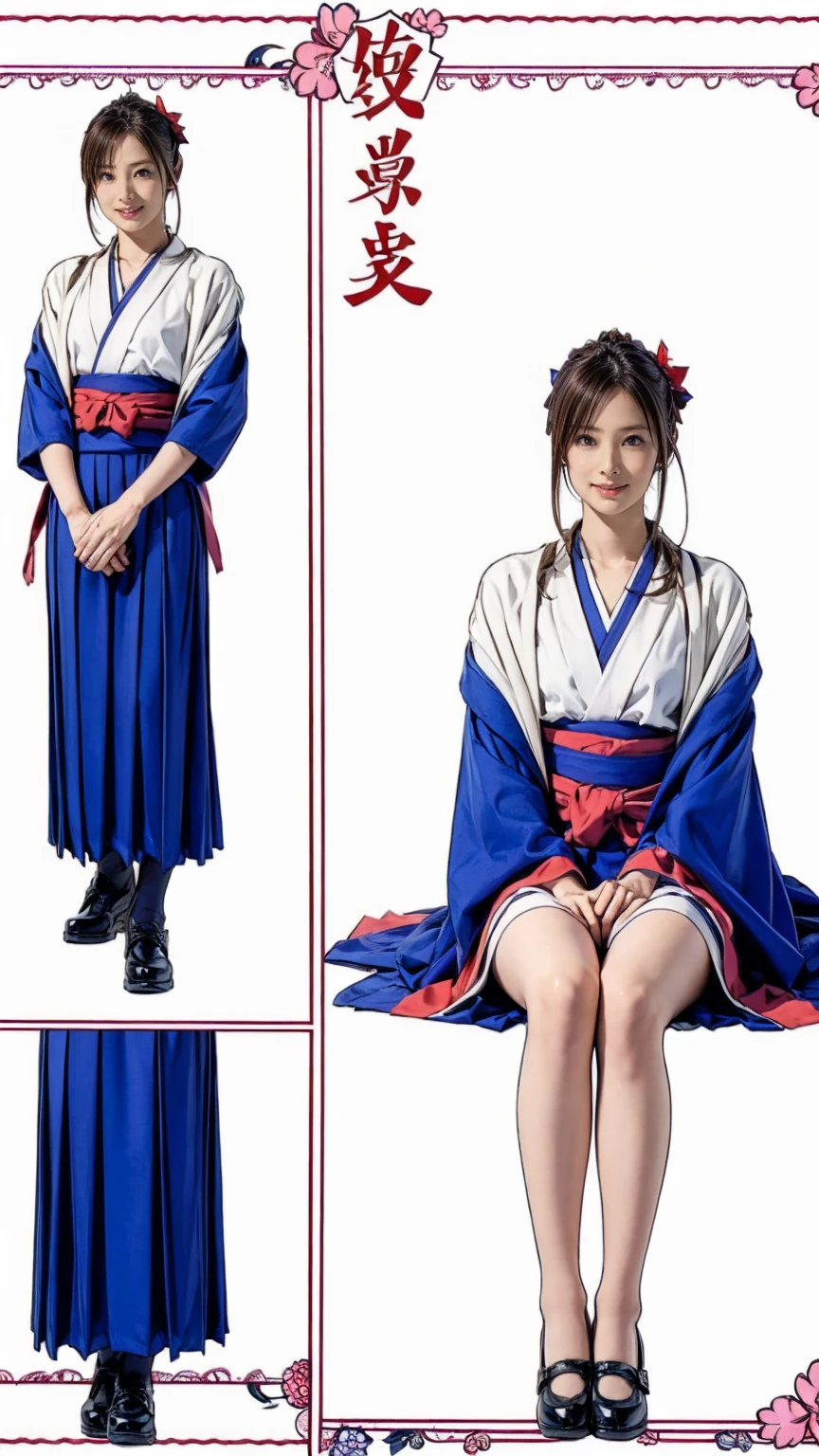 ((masterpiece)),(((Highest quality))),((Character design sheet)),Thin thighs,Long legs, One girl, Honoka, Shrine maiden, Hakama skirt, Sitting, shrine, smile