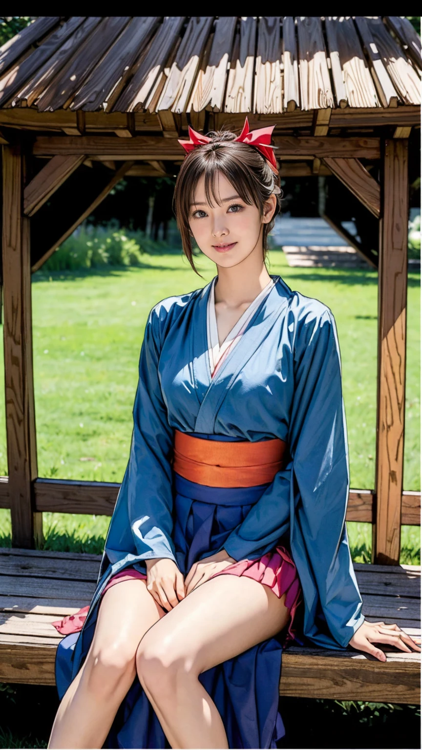 ((masterpiece)),(((Highest quality))),((Character design sheet)),Thin thighs,Long legs, One girl, Honoka, Shrine maiden, Hakama skirt, Sitting, shrine, smile
