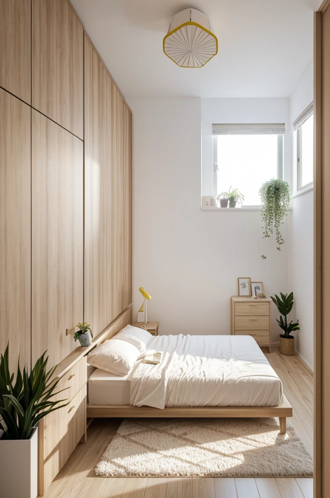 Bedroom with a light wood-colored ceiling, white wooden walls, the floor material floating floor dark tone, A window, a bed with a padded back, a nightstand, a large white closet. The decoration of the room includes plants and white decorations, yellow, pink and light wood color