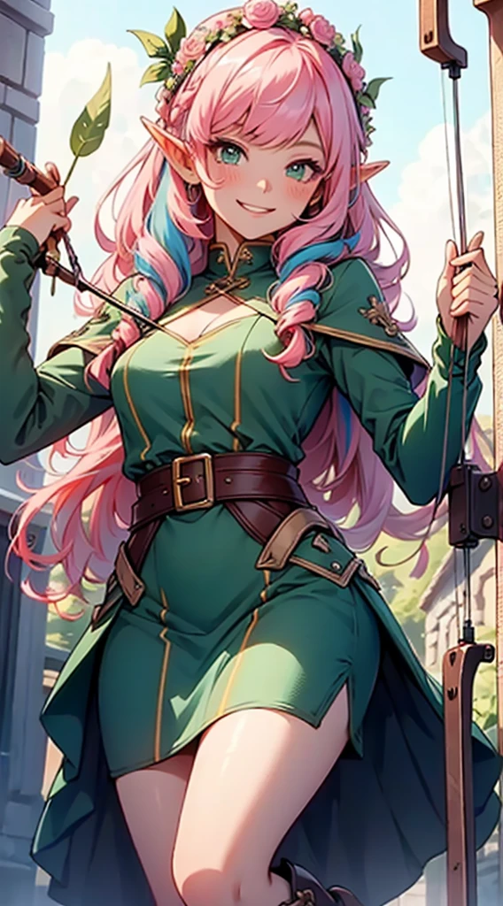 beautiful adult women elf, long pink hair and blue streaks hair, green eyes, with flower crown, smile, flustered, aiming an arrow from archery weapon, boots, blue and pink armor dress, medium bust,
