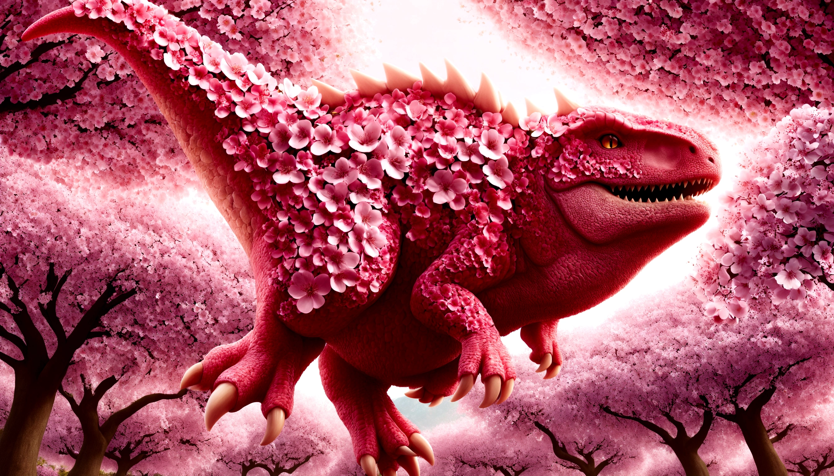 quality\(8k,wallpaper of extremely detailed CG unit, ​masterpiece,hight resolution,top-quality,top-quality real texture skin,hyper realisitic,increase the resolution,RAW photos,best qualtiy,highly detailed,the wallpaper\),Pink dinosaur with beautiful cherry blossoms blooming all over its body, made of cherry blossoms,cute, skin all overed with cherry blossom flowers, cherry blossoms everywhere\),dynamic pose,full body,scary,dynamic angle,monster