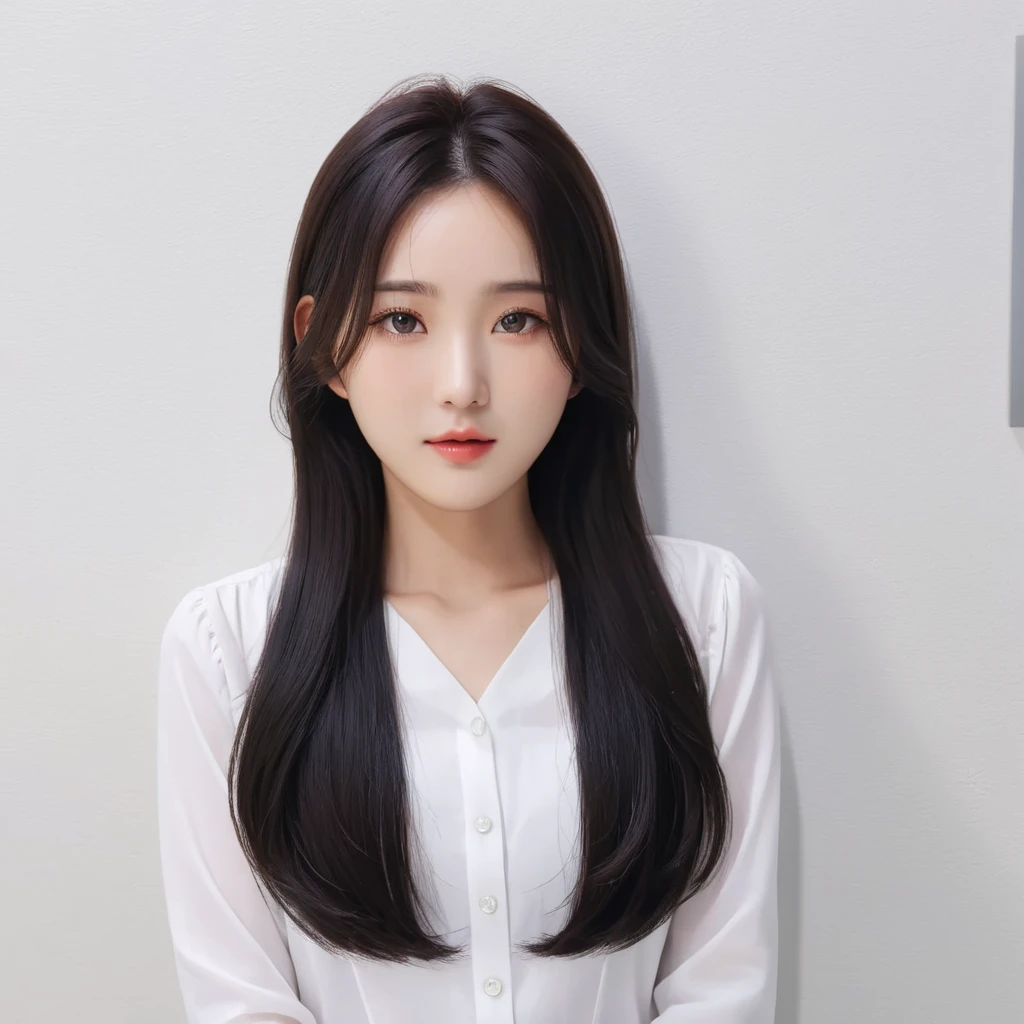 Best Quality, 8k, Masterpiece, (Portrait: 1.3), (photo realistic:1.4), (hyper realistic:1.4), Sharp Focus, looking at viewer, (smoother lighting:1.1), (increase cinematic lighting quality:0.9), realistic lighting, backlighting, light on face, ray trace, (brightening light:1.2), (Increase quality:1.4), sharp detail, (best quality real texture skin:1.4), finely detailed eyes, black_eyes, finely detailed face, 25 year old Korean woman, (white formal_shirt:1.4), (Create an image maintaining the original base model hairstyle:1.5)