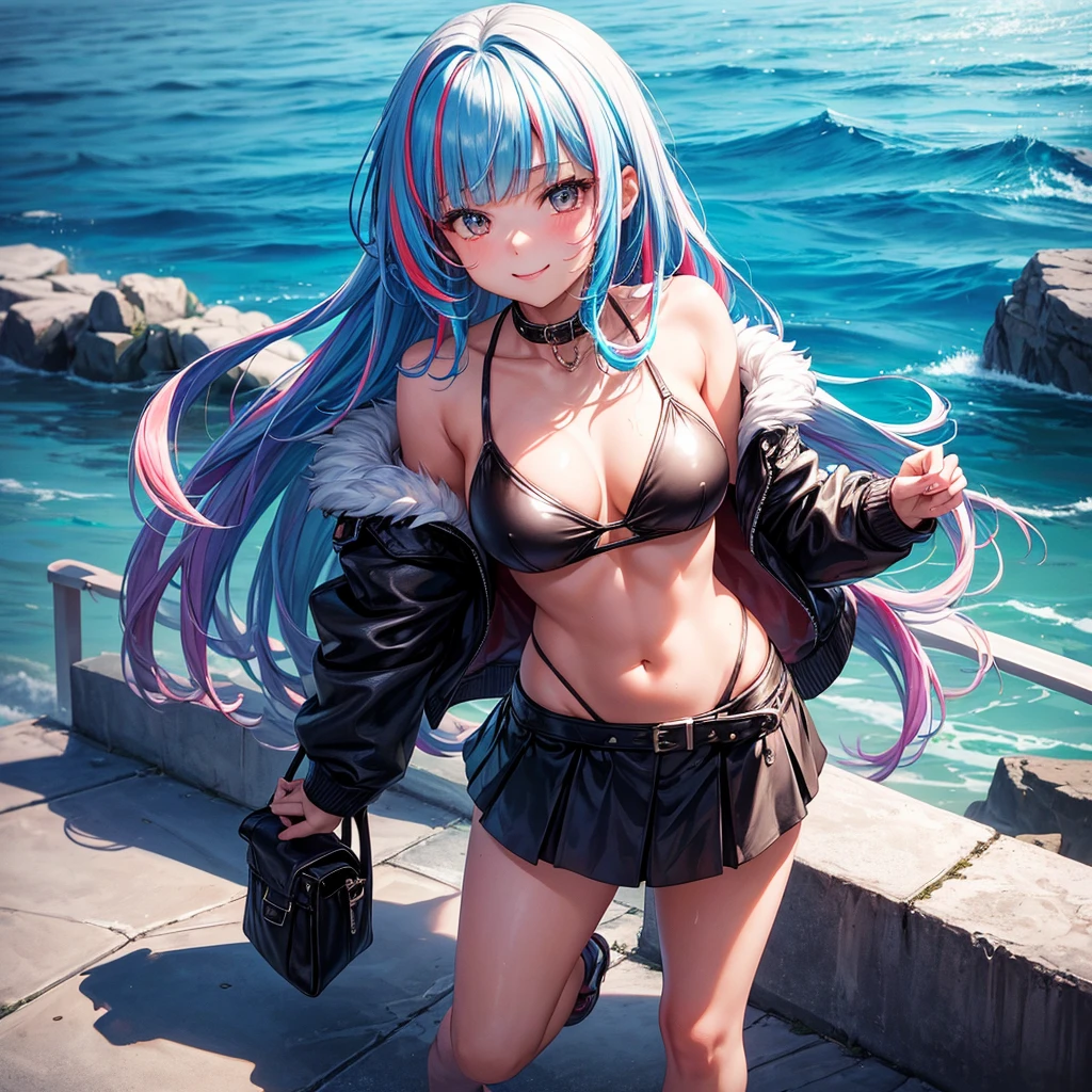 naked, nude, vagina, lolita, outside, (((small breasts))), fifteen years old, open mouth, happy, smiling, sunny, happy, bright sunlight, snow, hair ornament, light blue hair, black hairstreak, from below, masterpiece, best quality