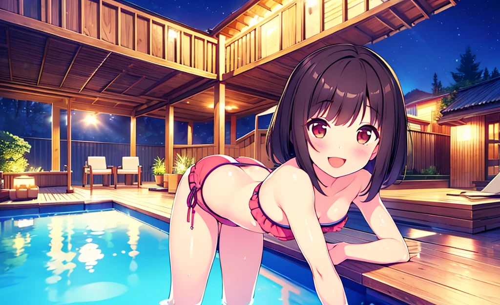 Masterpiece, Best Quality, extremely ray tracing detailed, cheered up, girl,night pool,high waist bikini,SMILE,:d,action,(small breasts),ass focus