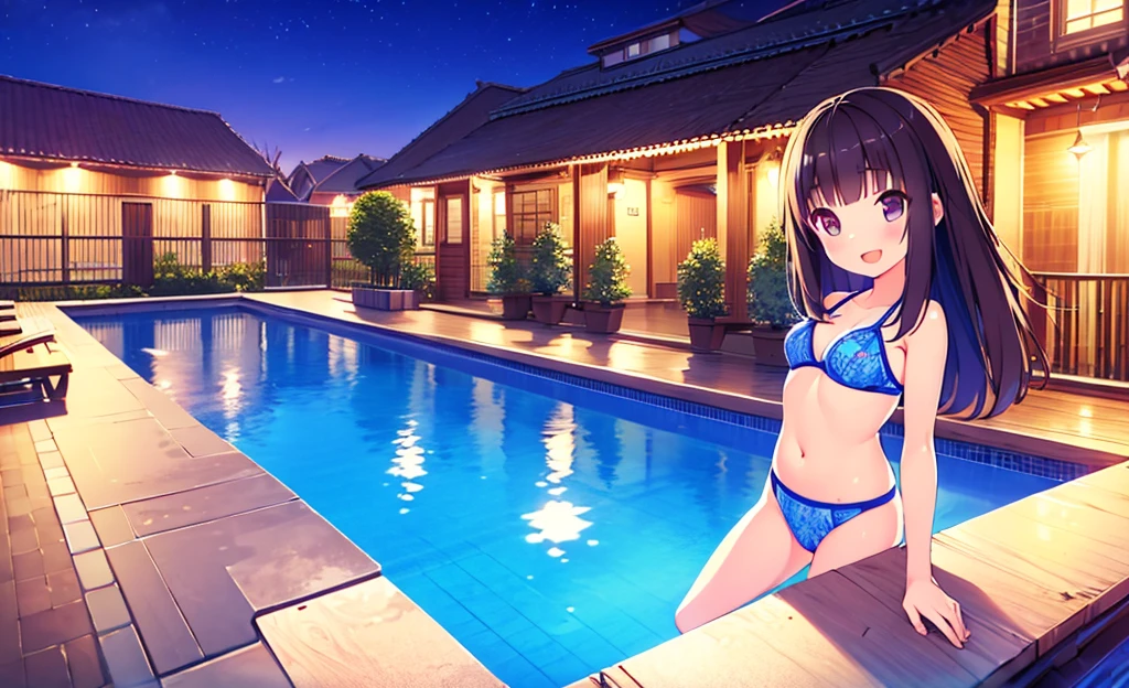 Masterpiece, Best Quality, extremely ray tracing detailed, cheered up, girl,night pool,high waist bikini,SMILE,:d,action,(small breasts),ass focus 