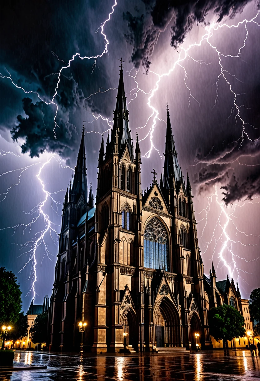 A Gothic cathedral during a thunderstorm, with lighting swirling around the spires and lightning illuminating the ominous clouds.