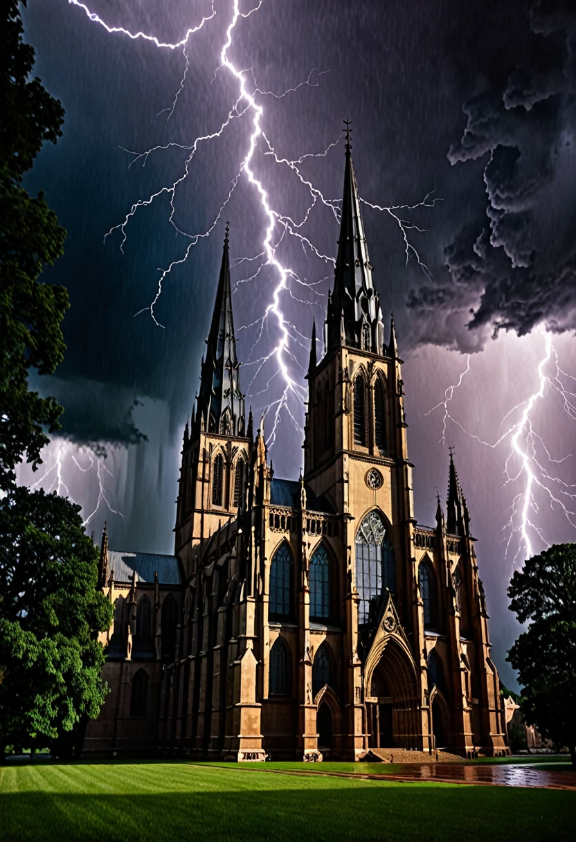 A Gothic cathedral during a thunderstorm, with lighting swirling around the spires and lightning illuminating the ominous clouds.