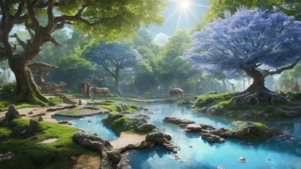 Masterpiece, best quality, high quality, very detailed CG unity 8k wallpaper, hyper-realistic gigantic blue rain tree, in a futuristic prehistoric village, water splash, sand fragments, lens. Flare, deer drinking from a stream, fluffy clouds, detailed, HDR, bloom, realistic, detailed