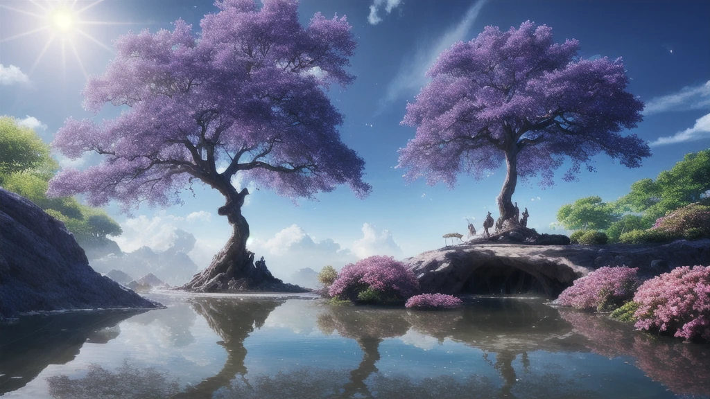 Masterpiece, best quality, high quality, very detailed CG unity 8k wallpaper, hyper-realistic gigantic blue rain tree, in a futuristic prehistoric village, water splash, sand fragments, lens. Flare, deer drinking from a stream, fluffy clouds, detailed, HDR, bloom, realistic, detailed