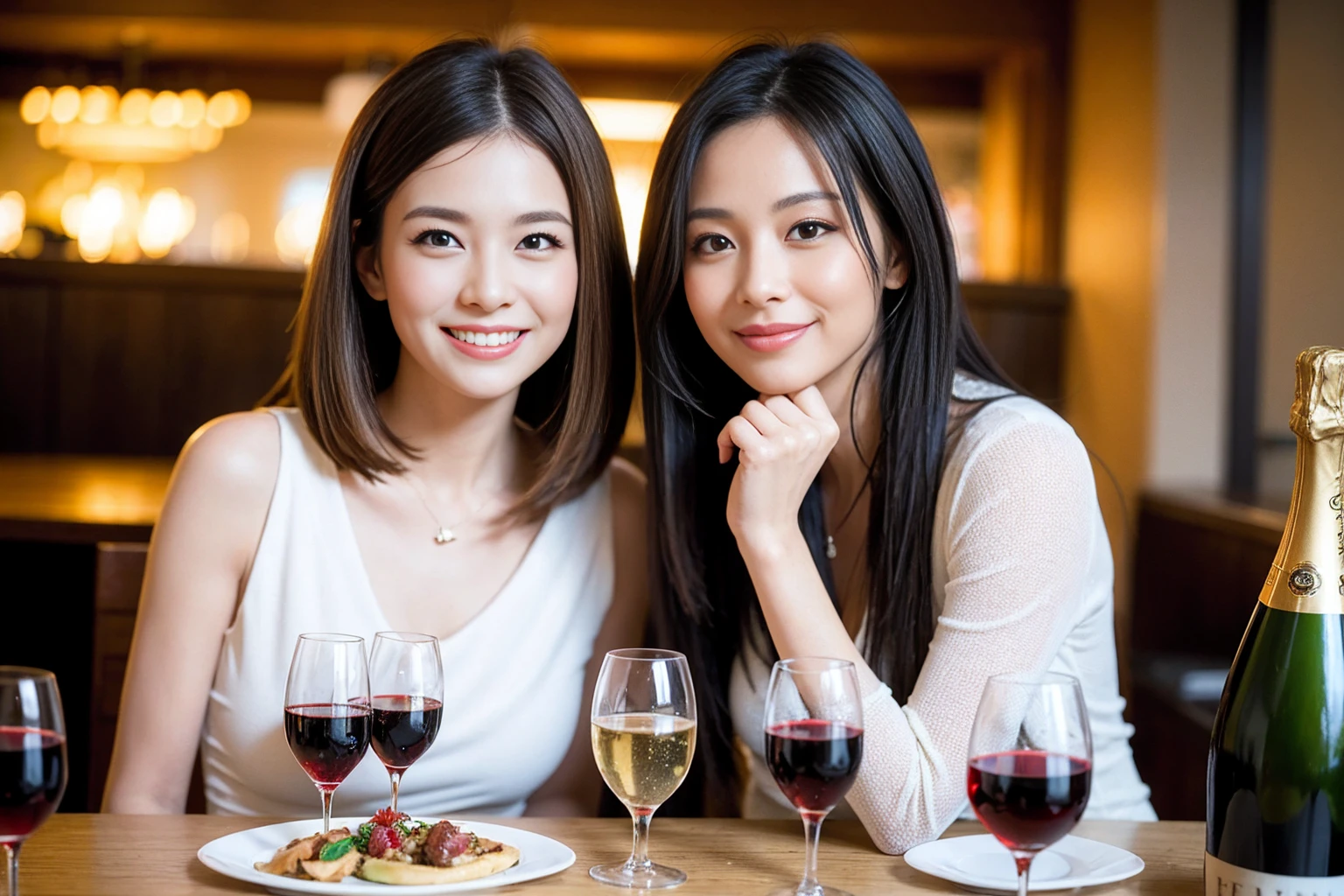 ((Highest quality、8K、masterpiece:1.3))、1 male 1 female、Slim lover、Beautiful couple、Smile、full-course dinner、 (Slim face), (the body is スリム), (Brown Hair), (Shortcuts), ((Bob Hale、Straight hair:1.2)), テーブルの上のwine glass、Shine light on your face、 Amazing view of the sunset sky and clouds、The beauty of a smile、Bright image、Blushing, Shortcuts, (43 years old), 39 years old, Appetizers、Italian food、Wine bottle、Champagne、sparkling wine、Attractive beauty、restaurant, Nova Frog Style, actress, model, Upper Body, White wine, red wine, wine glass, 