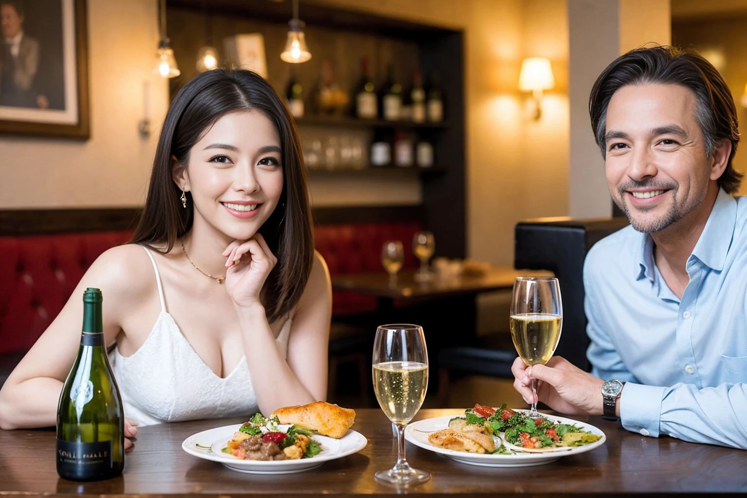 ((Highest quality、8K、masterpiece:1.3))、1 male 1 female、Slim lover、Beautiful couple、Smile、full-course dinner、 (Slim face), (the body is スリム), (Brown Hair), (Shortcuts), ((Bob Hale、Straight hair:1.2)), テーブルの上のwine glass、Shine light on your face、 Amazing view of the sunset sky and clouds、The beauty of a smile、Bright image、Blushing, Shortcuts, (43 years old), 39 years old, Appetizers、Italian food、Wine bottle、Champagne、sparkling wine、Attractive beauty、restaurant, Nova Frog Style, actress, model, Upper Body, White wine, red wine, wine glass,