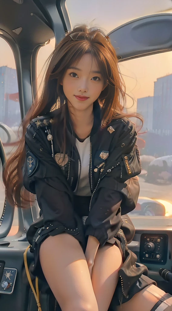Best Quality, Full Body Portrait, Cinematic Texture Shot, Exquisite Face, Beautiful Face, 20 Year Old Woman, Smiling, Slim Figure, Small Bust, OL Uniform, Office Wear, Black Stockings, Interior Scene, Office, Seated (highest quality, 8K, 32k, masterpiece, uhd:1.2), (realistic:1.5), (masterpiece, Highly detailed CG Unity 8K wallpaper, highest quality, High resolution:1.2), (Super detailed, uhd:1.2), Photo of extremely cute and beautiful Japanese woman, (Long wavy chestnut hair:1.2), adult, (detailed beautiful girl:1.4), highest quality, woman, adult, (Detailed US Air Force Pilot Uniform:1.5), (Pilot Captain Jacket:1.3), (High waist pencil mini skirt:1.3), (Beautiful sunset us air force base runway view background:1.2), (A-10、F-18、air force plane and Myanmar National Flag)laugh shyly:1, looking at the viewer, towards the audience, ((Perfect woman's body)), (tight waist:1.2), (Image of the whole body from the knees up:1.3), thin, abs, (beautiful breasts:1.25), assemble the head, wind, dynamic pose, cinematic light, Backlight, fine clothes, perfect anatomy, perfect proportions, detailed human body, Stylish model in sexy pose,soft expression、smile、Sexy slit thighs and beautiful legs、A sneak peek of abs、A glimpse of her no underwear , Besides have a Myanmar National Flag and Myanmar Airplane.