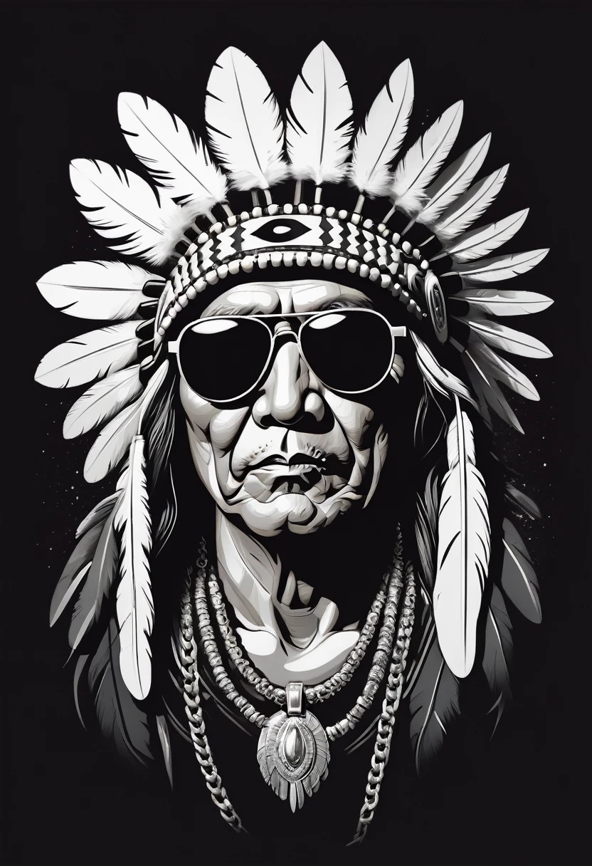 creative logo illustration black and white portrait of an old indian chief with cool sunglasses, golden feathers, chaine, monochrome, digital art style featuring the word ( SWAG) by dan mumford, carne griffith, jen pierre monge, sketch, high definition, clean, smooth, negative space, T-shirt design