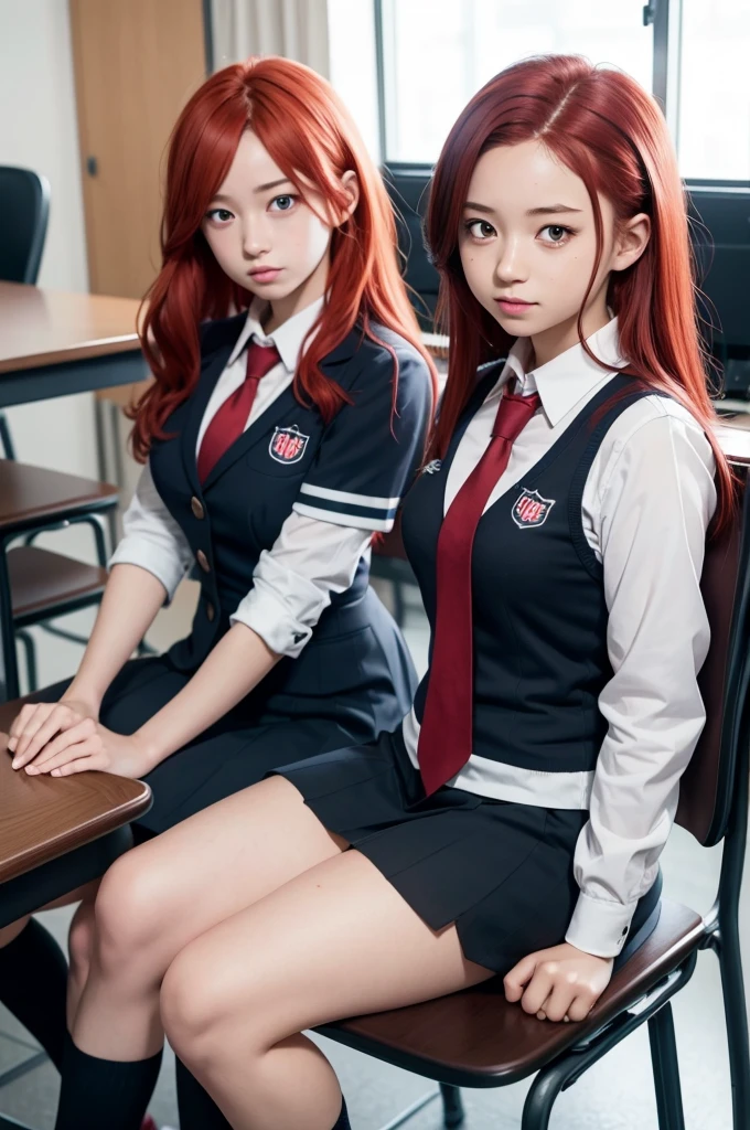 Traces of Boku no hero academia, a girl with red hair red eyes, wearing school clothes, She is sitting on the chair in her class, do boy belong to Izuku Midoriya
