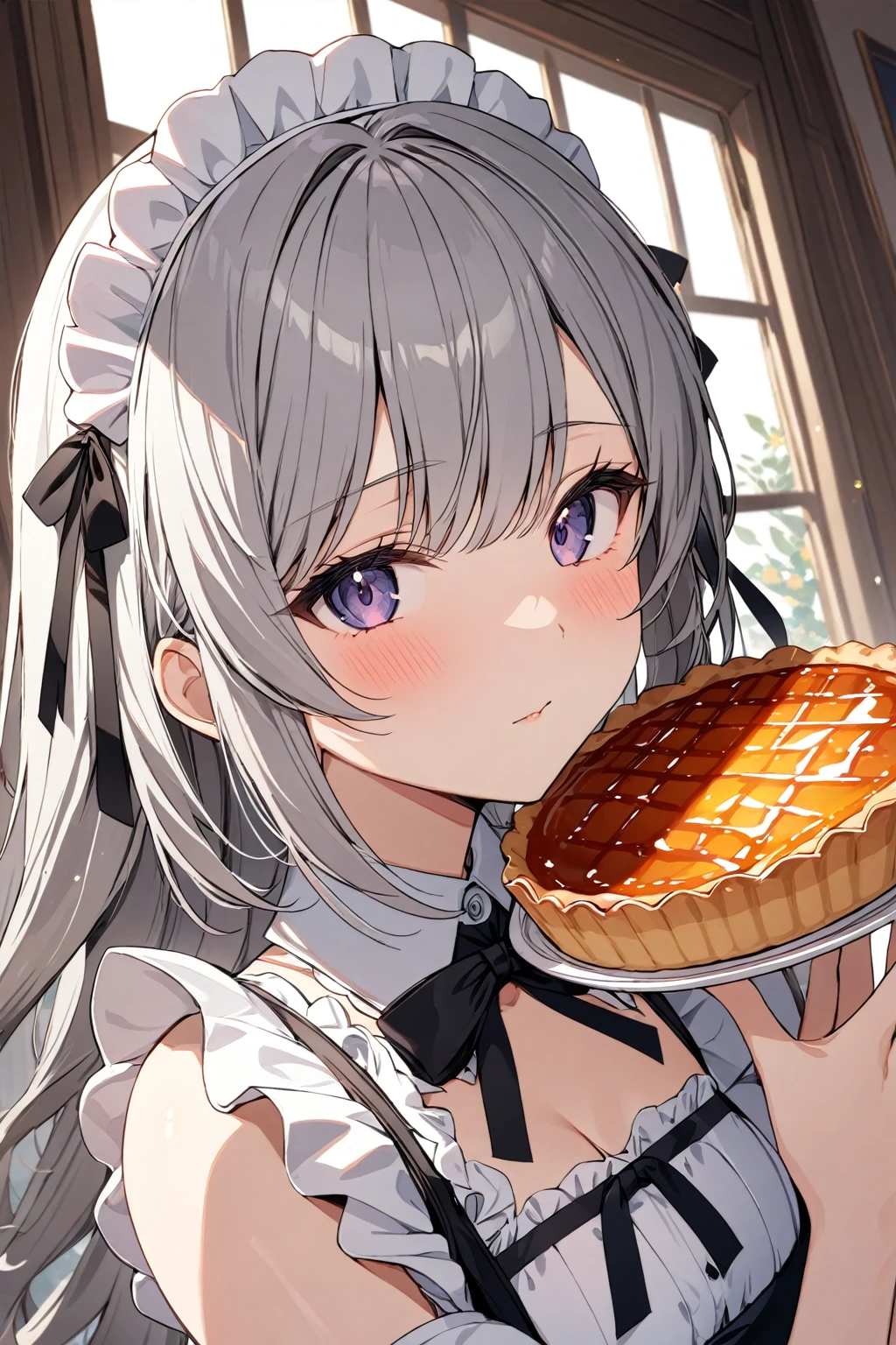 One girl,alone,Grey Hair,Long Hair,Maid Costume,Face close-up,View your viewers,Holding a Tarte Tatin,
highly detailed,Highest quality,Absurd,detailed,High resolution,Natural light,