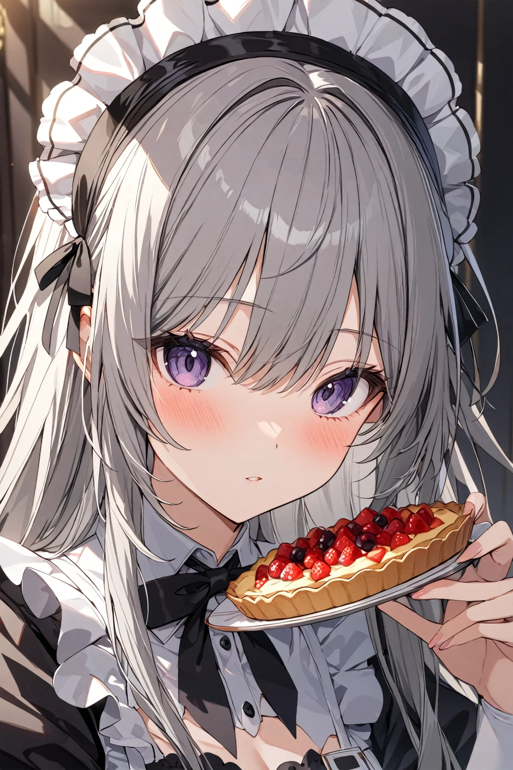 One girl,alone,Grey Hair,Long Hair,Maid Costume,Face close-up,View your viewers,Holding a Tarte Tatin,
highly detailed,Highest quality,Absurd,detailed,High resolution,Natural light,