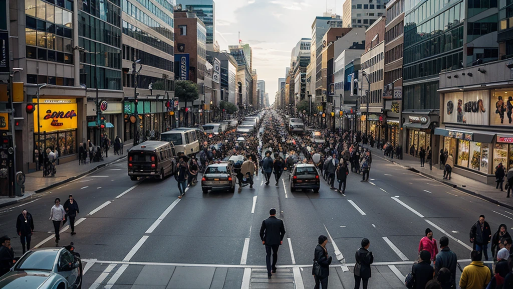 Busy city streets, bustling crowds, and moving vehicles