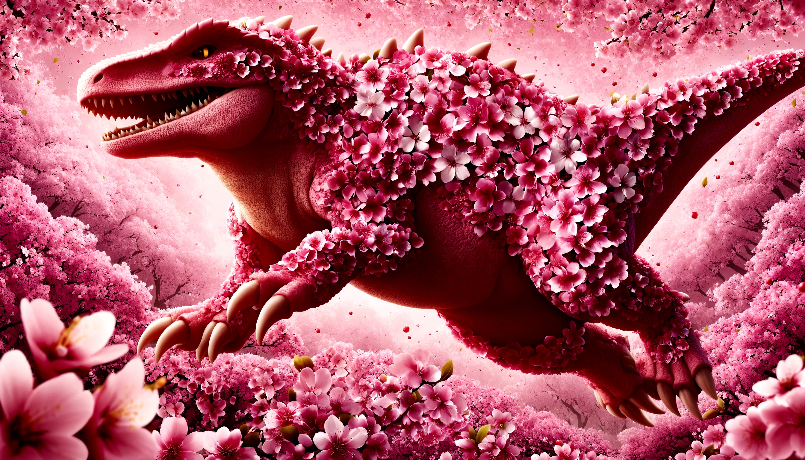 quality\(8k,wallpaper of extremely detailed CG unit, ​masterpiece,hight resolution,top-quality,top-quality real texture skin,hyper realisitic,increase the resolution,RAW photos,best qualtiy,highly detailed,the wallpaper\),Pink dinosaur with beautiful cherry blossoms blooming all over its body, made of cherry blossoms,cute, skin all overed with cherry blossom flowers, cherry blossoms everywhere\),dynamic pose,full body,scary,dynamic angle,monster