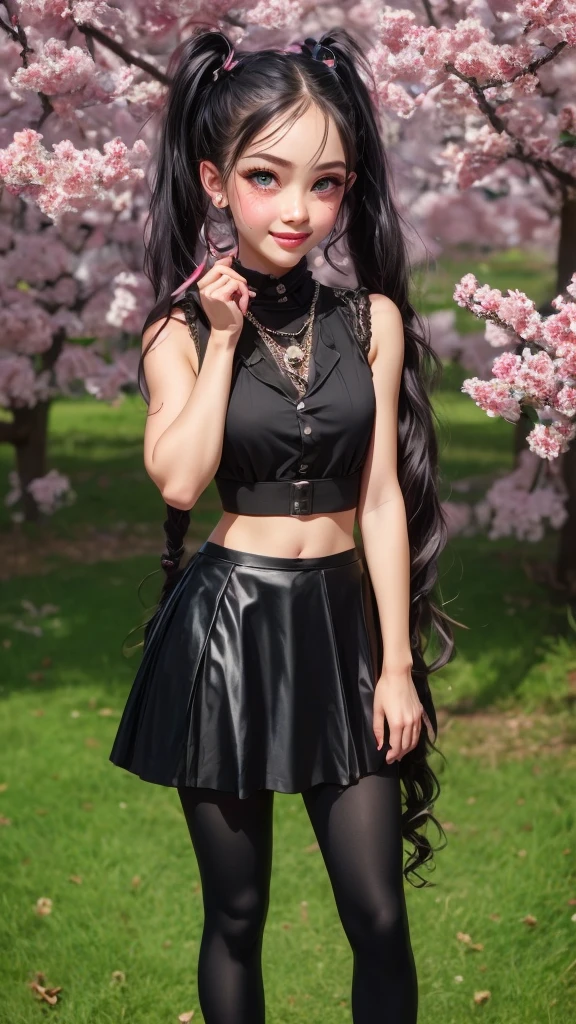 extremely detailed CG unity 8k wallpaper, best quality, ultra-detailed, masterpiece, realistic, photo realistic, blush, parted lips, looking at viewer , half body shot , (Perona One Piece), ping long hair, blushing, beautiful face, embarrassed face, standing, arms behind head, cute face, goth outfit, twintails, outdoor, sakura blossom, stripe legging, skirt, smile at viewer,