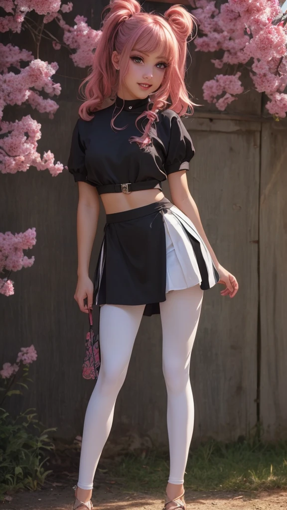 extremely detailed CG unity 8k wallpaper, best quality, ultra-detailed, masterpiece, realistic, photo realistic, blush, parted lips, looking at viewer , half body shot , (Perona One Piece), ping long hair, blushing, beautiful face, embarrassed face, standing, arms behind head, cute face, goth outfit, twintails, outdoor, sakura blossom, stripe legging, skirt, smile at viewer,
