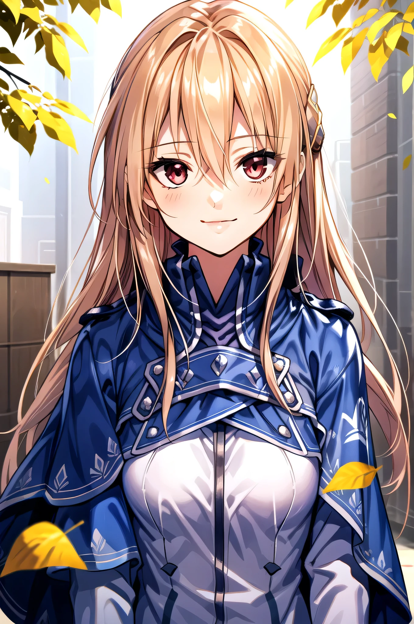 ((masterpiece))、(((Highest quality)))、((Super detailed))、((An illustration))、Attention to detail、Highly detailed CG Unity 8k、High resolution,One girl, Long Hair, alone, Hair between the eyes, smile, Red eyes, Kind eyes,Floating Hair, Blurred background, Blonde, View your viewers, Blurred, Upper Body, very Long Hair, bangs, Shiny hair, leaf, Shiny, Capelet, Blue Cape, Yuina Shirakawa,