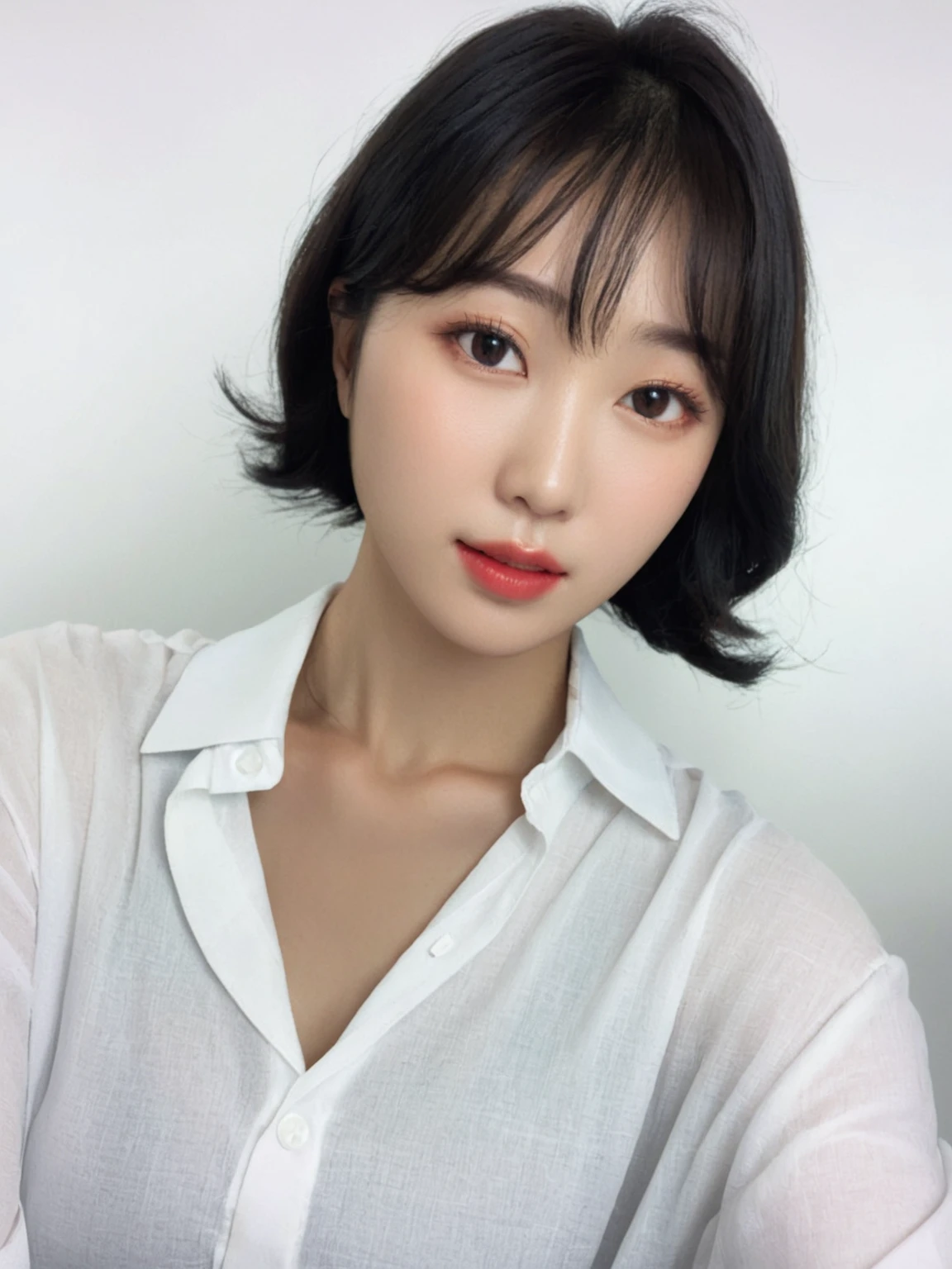 Best Quality, 8k, Masterpiece, (Portrait: 1.3), (photo realistic:1.4), (hyper realistic:1.4), Sharp Focus, looking at viewer, (smoother lighting:1.1), (increase cinematic lighting quality:0.9), realistic lighting, backlighting, light on face, ray trace, (brightening light:1.2), (Increase quality:1.4), sharp detail, (best quality real texture skin:1.4), finely detailed eyes, black_eyes, finely detailed face, 25 year old Korean woman, (white formal_shirt:1.4), (Create an image maintaining the original base model hairstyle:1.5)