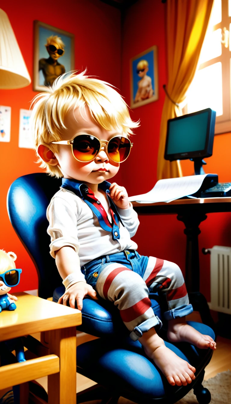 (photo film style), anthropomorphic, cute little blond hair baby boy, wearing sunglasses , in his room, studying, 2D, colorful, warm atmosphere, shiny, sit on his chair, facing us, Jean-Baptiste Monge style, Alan Lee style