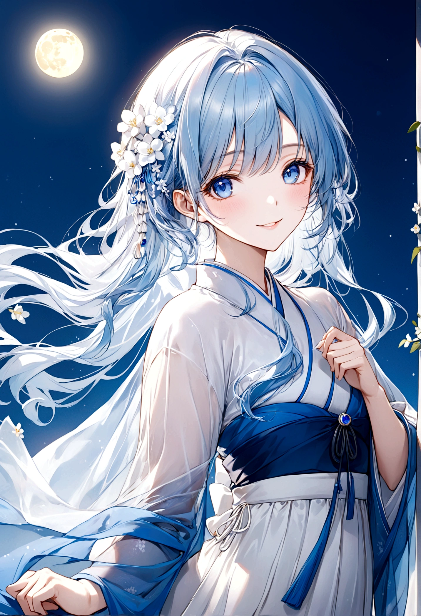 ((top-quality)), ((masterpiece)), ((ultra-detailliert)), (extremely delicate and beautiful), beautiful woman, bright light blue hair, long wavy hair, hair is in twin loops, sapphire blue eyes, wearing sheer white hanfu dress, flowy sheer blue shawl, hanfu dress has embedded delicate white flowers, sweet smile, relaxed expression, fair complexion, moon background
