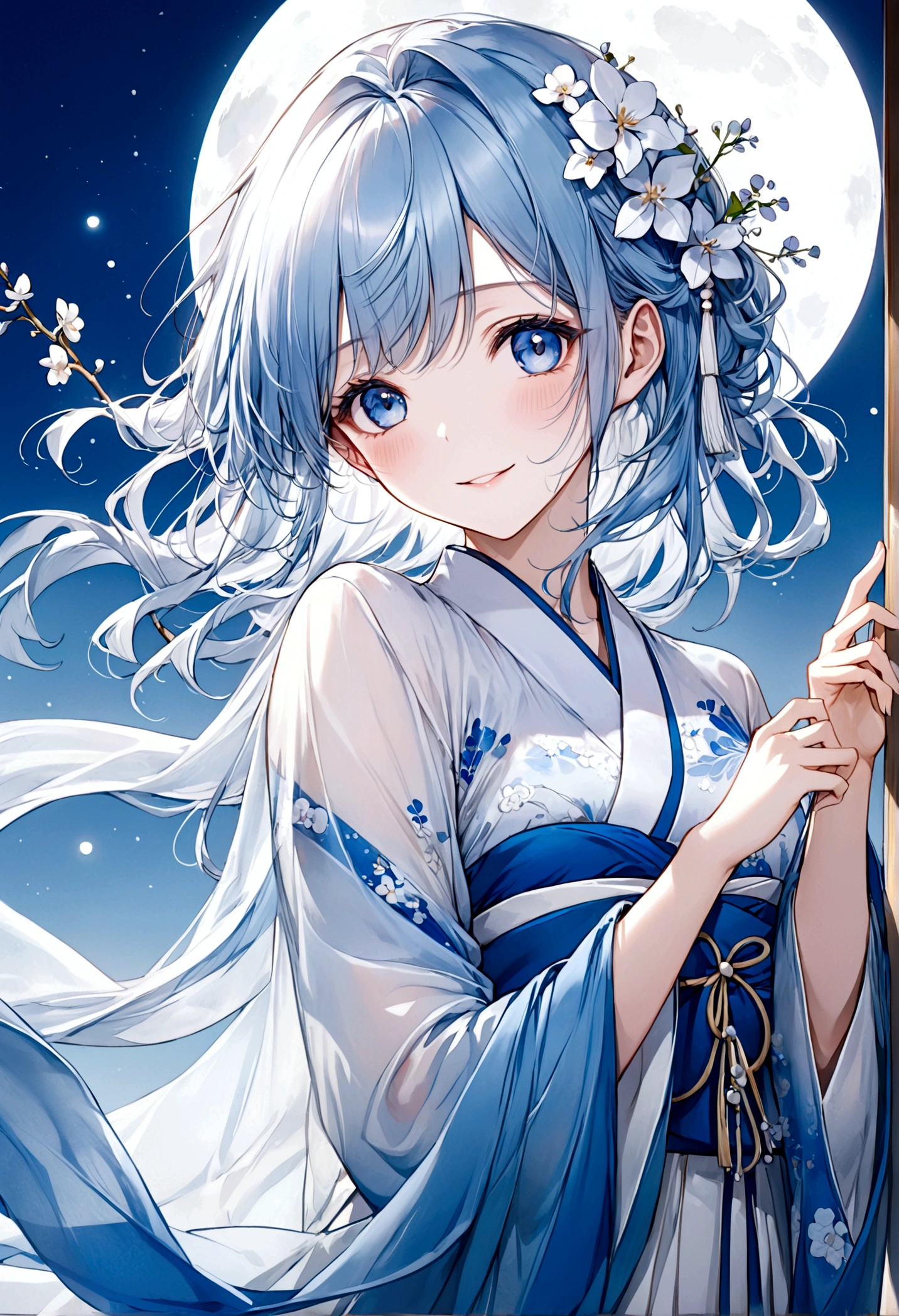 ((top-quality)), ((masterpiece)), ((ultra-detailliert)), (extremely delicate and beautiful), beautiful woman, bright light blue hair, long wavy hair, hair is in twin loops, sapphire blue eyes, wearing sheer white hanfu dress, flowy sheer blue shawl, hanfu dress has embedded delicate white flowers, sweet smile, relaxed expression, fair complexion, moon background
