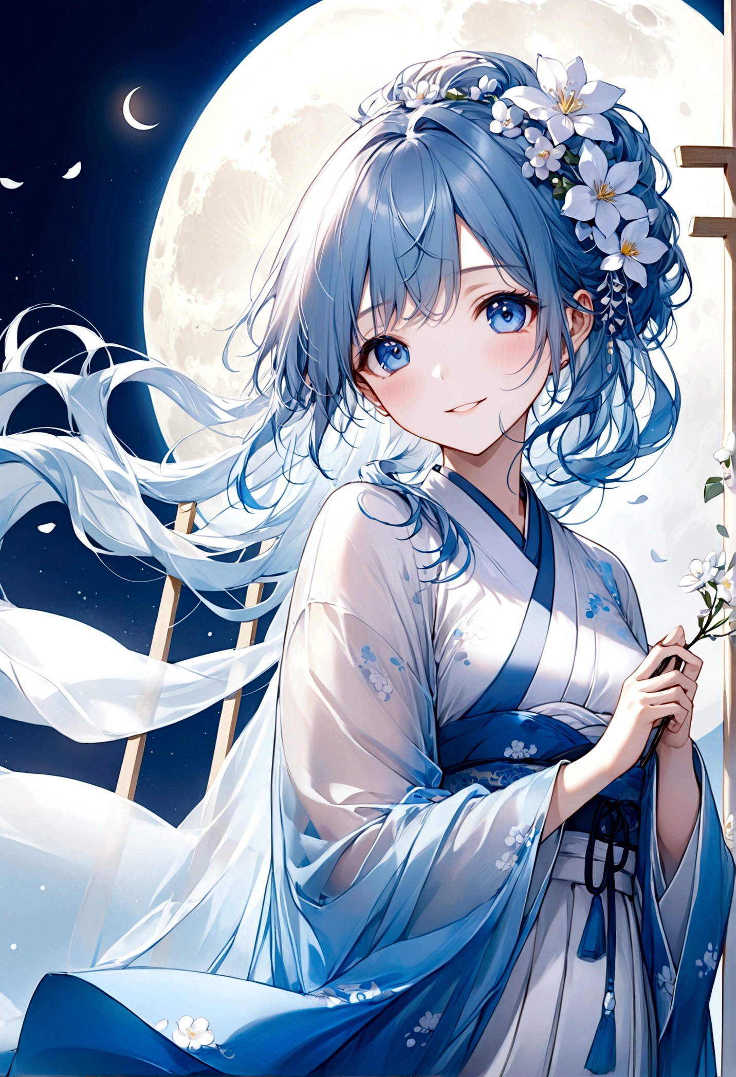 ((top-quality)), ((masterpiece)), ((ultra-detailliert)), (extremely delicate and beautiful), beautiful woman, bright light blue hair, long wavy hair, hair is in twin loops, sapphire blue eyes, wearing sheer white hanfu dress, flowy sheer blue shawl, hanfu dress has embedded delicate white flowers, sweet smile, relaxed expression, fair complexion, moon background