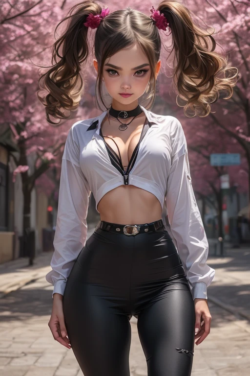 extremely detailed CG unity 8k wallpaper, best quality, ultra-detailed, masterpiece, realistic, photo realistic, blush, parted lips, looking at viewer , half body shot , (Perona One Piece), ping long hair, blushing, beautiful face, embarrassed face, standing, arms behind head, cute face, goth outfit, twintails, outdoor, sakura blossom, stripe legging, skirt, smile at viewer,