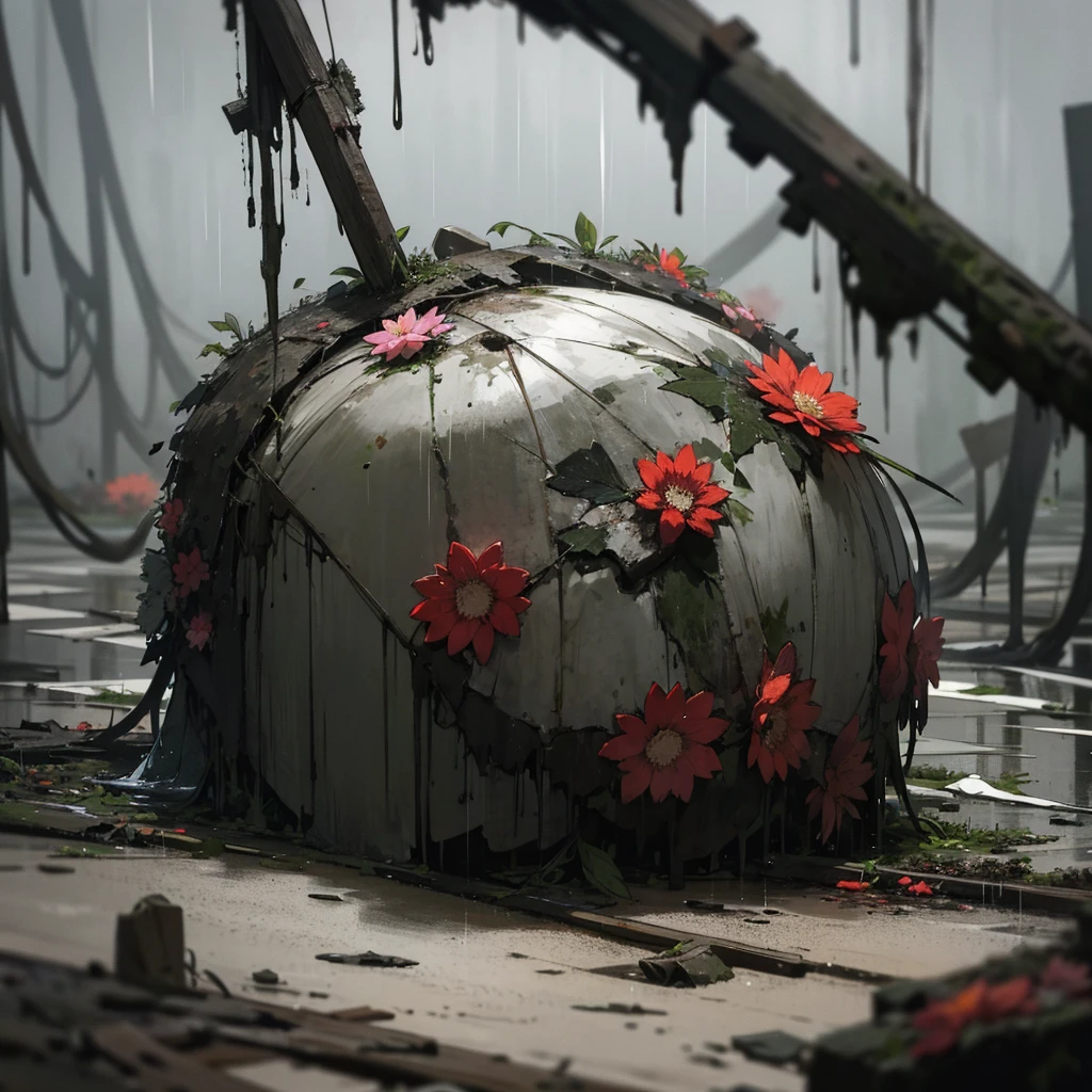 Flower rotting, Focus on the decaying flower, blurry background, gray clouds, rain, sad ambient