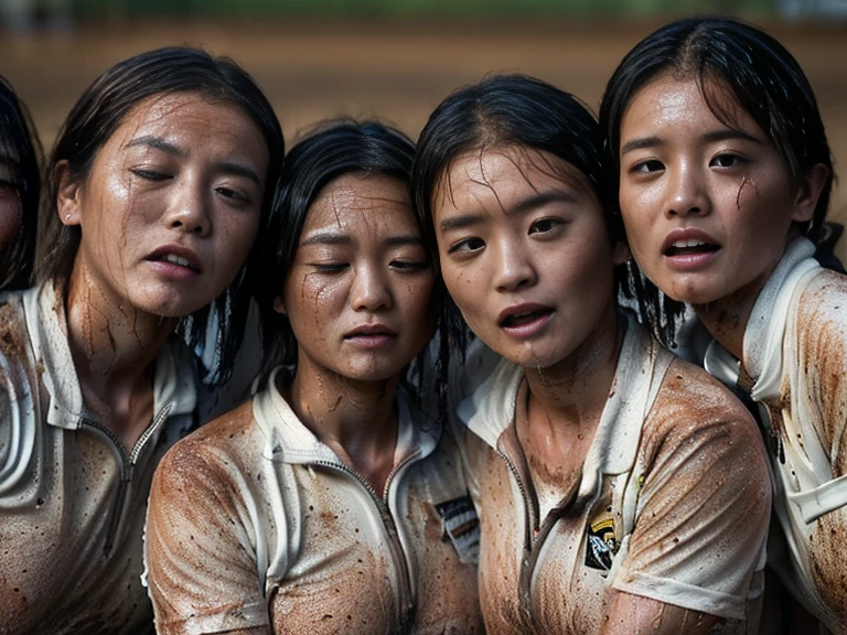 (A plain white short sleeved dirt stained field hockey uniform with a very tight white half zip:1.7)、(A large, dirt-stained, white, square collar: 1.6)、(Red clay ground:1.5)、My hair is wet and messy、(Beautiful Japanese woman covered in dirt:2.5)、Highest quality, masterpiece, Ultra-high resolution, Photorealistic, Raw Photos,Detailed face,(Muscular woman:1.4), (Fastener open: 1.8), (Upper body zoom up:1.0),(Everyone wears the same clothes:1.0), All members are super beauties, (Group photo of beautiful Japanese women huddled together: 1.7), (Hair tied up: 1.4), (Exhausted expression:2.1), Bright photo, (My whole body is drenched in rain: 1.7), (Covered in mud and earth: 1.5)
