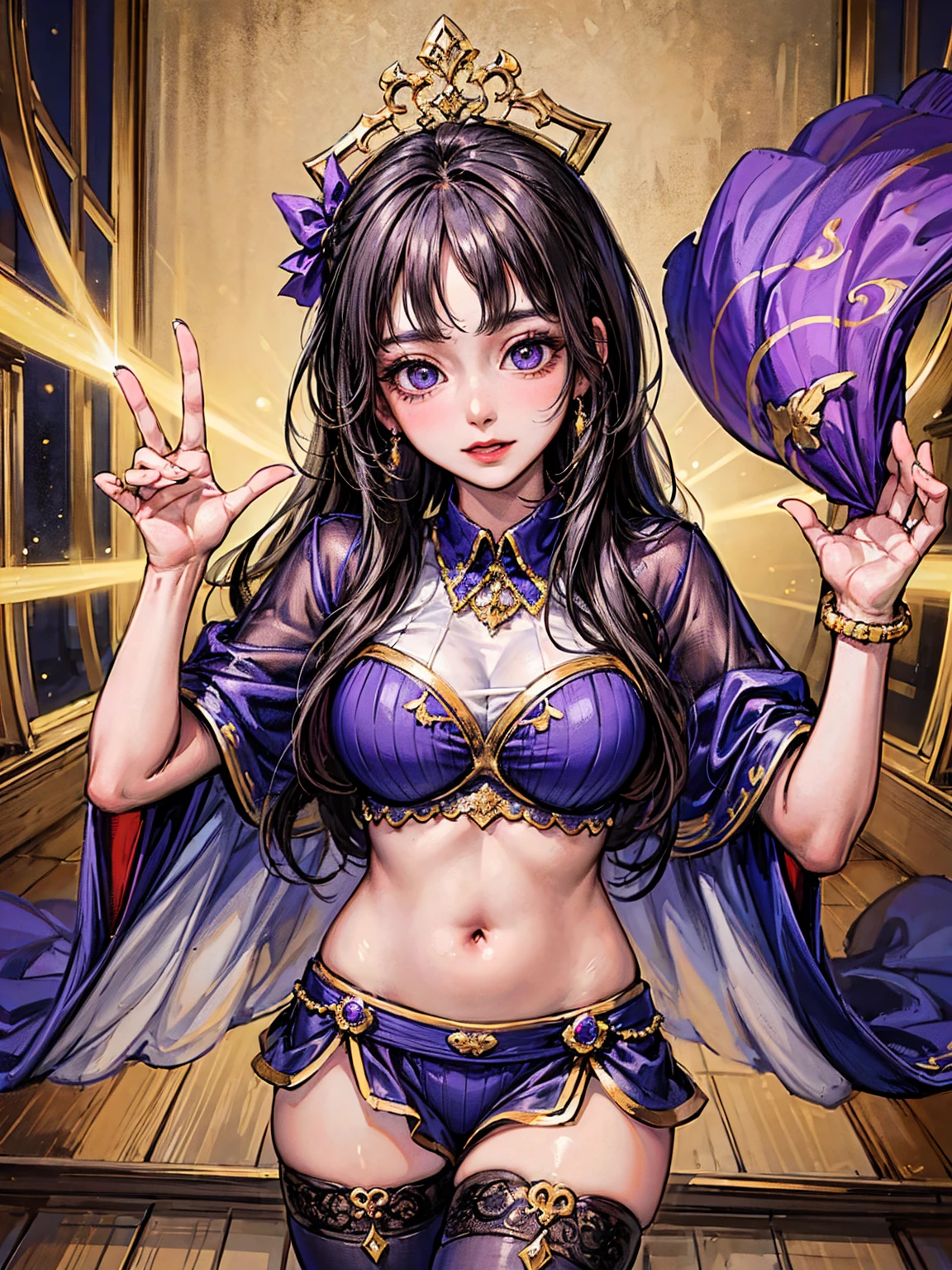 ((Highest quality, 8K, masterpiece, Portraiture: 1.3)), (Looking at the audience), (close:0.85),Arabian woman in purple and purple outfit standing on wooden floor, Belly dance, Outfit with blue accents, beautiful costume, Beasts, She is dressed as a belly dancer, Black and purple outfit, gracefully Belly dance pose, Mr.々A pose, Bejeweled costumes, Full body wide shot, This habit, Arabian Princess, !!beautiful!!