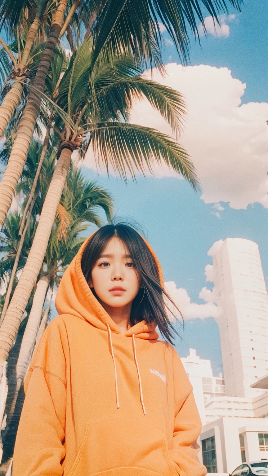 ((long shot photography)) ((best quality)), ((masterpiece)), (detailed),upper body,close-up, 8k, RAW photo,1 girl,(perfect busty body) ,(((blank orange oversized_hoodie))), real polaroid photo, beautiful, ultra-realistic,detail face ,light leak,dark intens shadow ,(black pixie hairstyles), almond eye, no makeup,(purple color tenis skirt),the scene takes in front on Lincoln Road Miami, (very detailed:1.1), (realistic:1.1), (surreal:1.2),palm trees,sunny,summer, blue sky