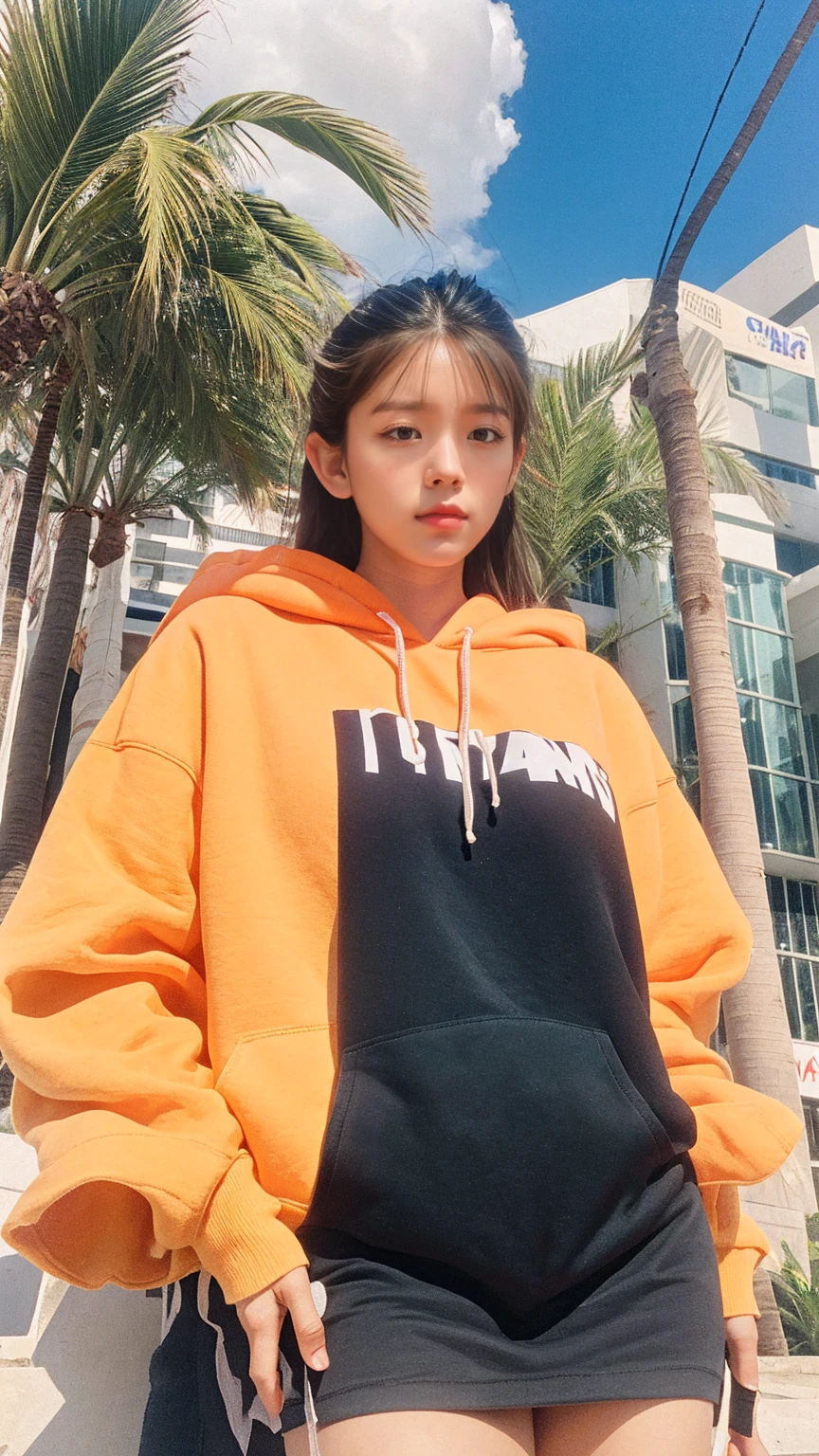 ((long shot photography)) ((best quality)), ((masterpiece)), (detailed),upper body,close-up, 8k, RAW photo,1 girl,(perfect busty body) ,(((blank orange oversized_hoodie))), real polaroid photo, beautiful, ultra-realistic,detail face ,light leak,dark intens shadow ,(black pixie hairstyles), almond eye, no makeup,(purple color tenis skirt),the scene takes in front on Lincoln Road Miami, (very detailed:1.1), (realistic:1.1), (surreal:1.2),palm trees,sunny,summer, blue sky