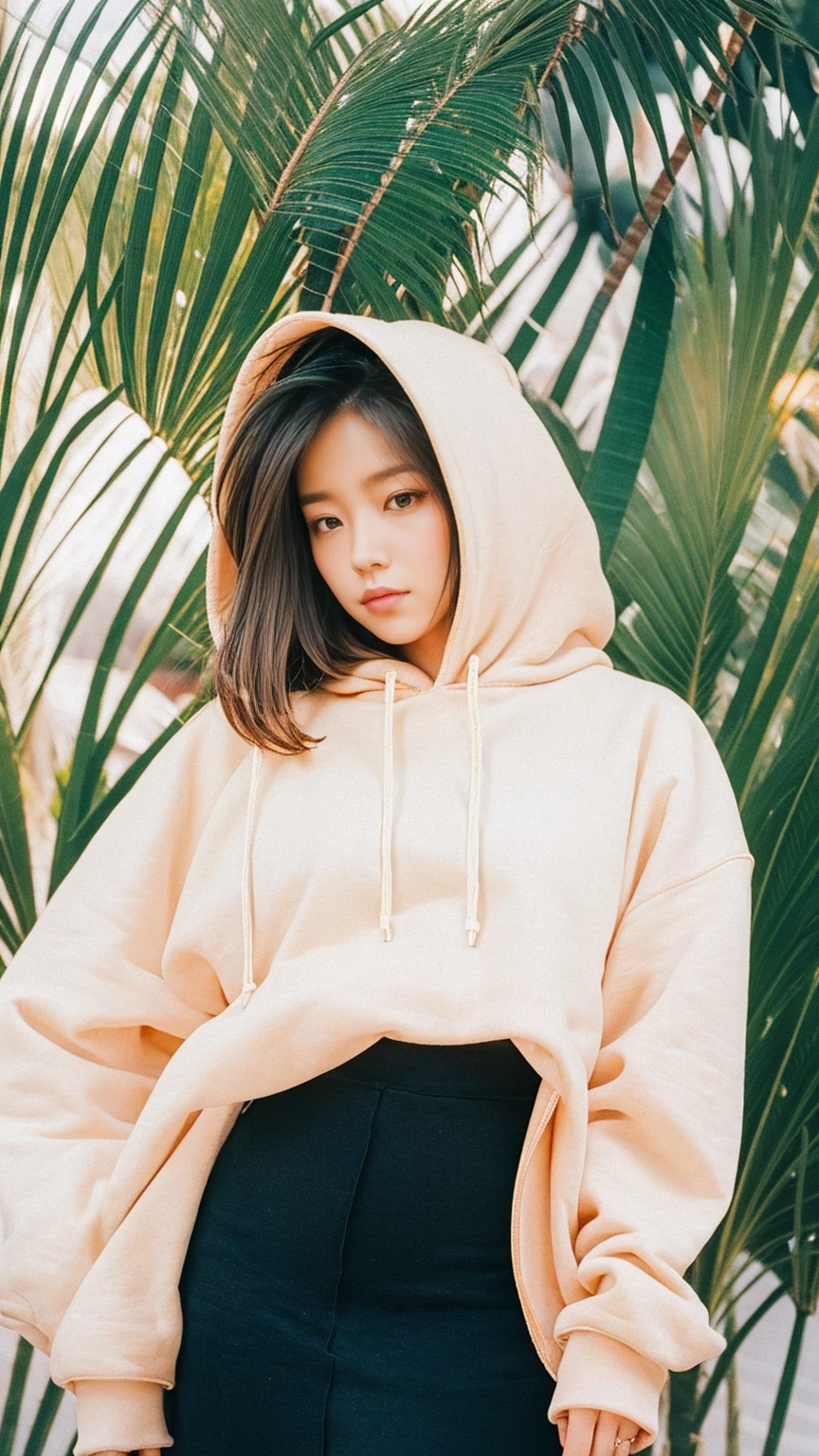 ((long shot photography)) ((best quality)), ((masterpiece)), (detailed),upper body,close-up, 8k, RAW photo,1 girl,(perfect busty body) ,(((blank orange oversized_hoodie))), real polaroid photo, beautiful, ultra-realistic,detail face ,light leak,dark intens shadow ,(black pixie hairstyles), almond eye, no makeup,(purple color tenis skirt),the scene takes in front on Lincoln Road Miami, (very detailed:1.1), (realistic:1.1), (surreal:1.2),palm trees,sunny,summer, blue sky
