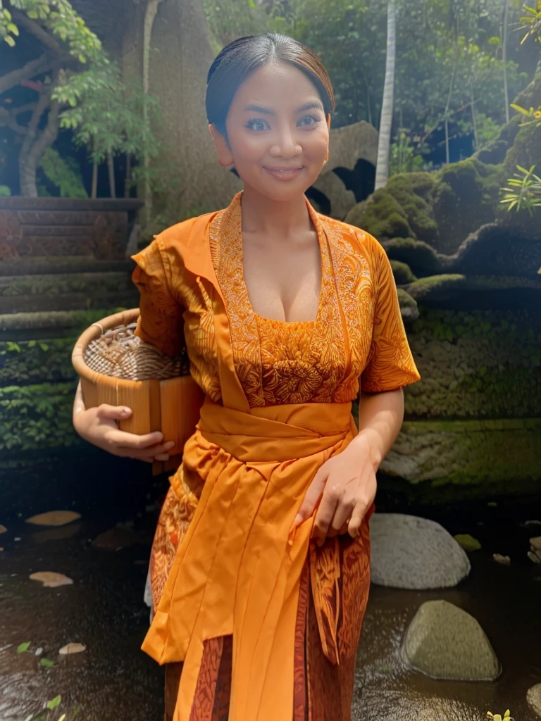 close up, Asian woman with a cheerful face, hair tied in a typical Javanese bun, wearing a red Javanese kebaya with batik pattern, in a fast-flowing rocky river, carrying a big wooden basket full of fruit, a background of rocks, bamboo trees, bushes, big breast