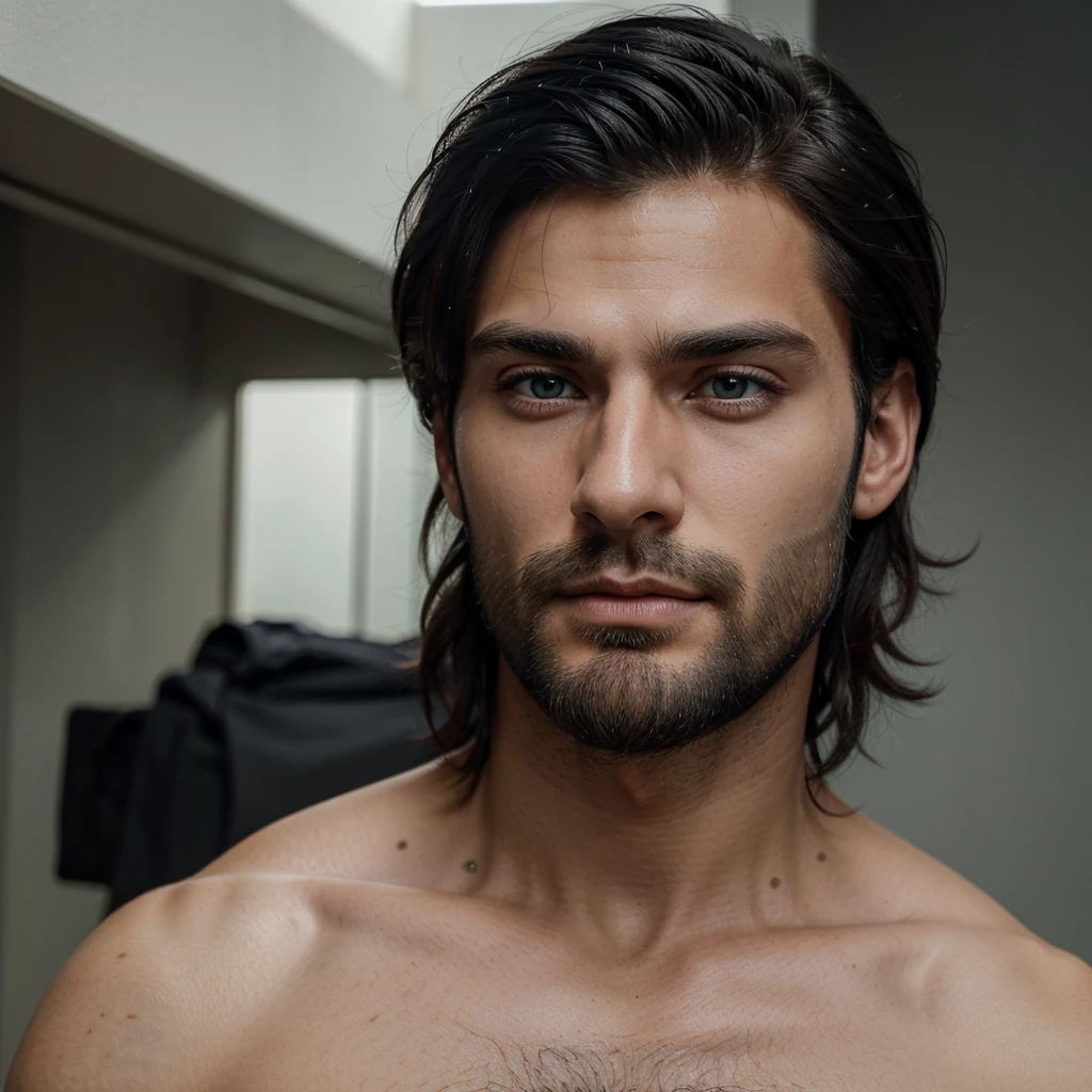 Extremely handsome man with Italian features, He has a marked jaw and his eyes are sky blue., His hair is jet black and he has a dominant look., He does not have a beard, his face is clean