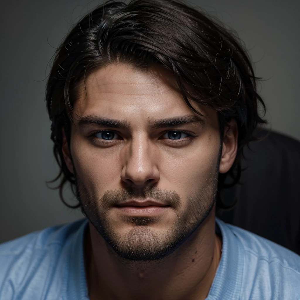 Extremely handsome man with Italian features, He has a marked jaw and his eyes are sky blue., His hair is jet black and he has a dominant look., He does not have a beard, his face is clean