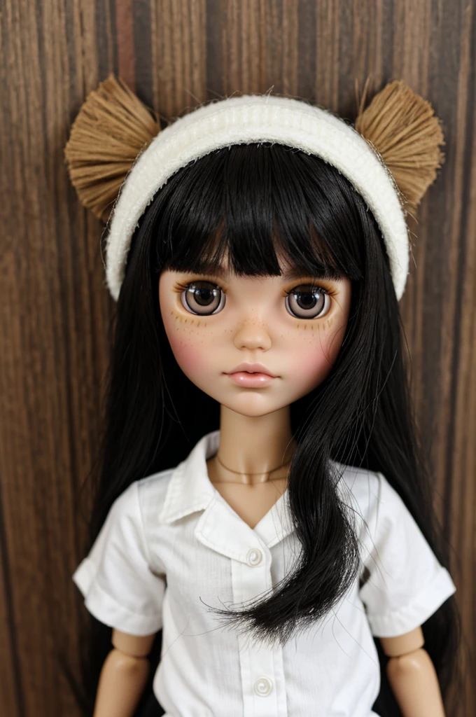 Blythe doll with black fur, straight and messy bangs, with freckles and white skin, and brown eyes
