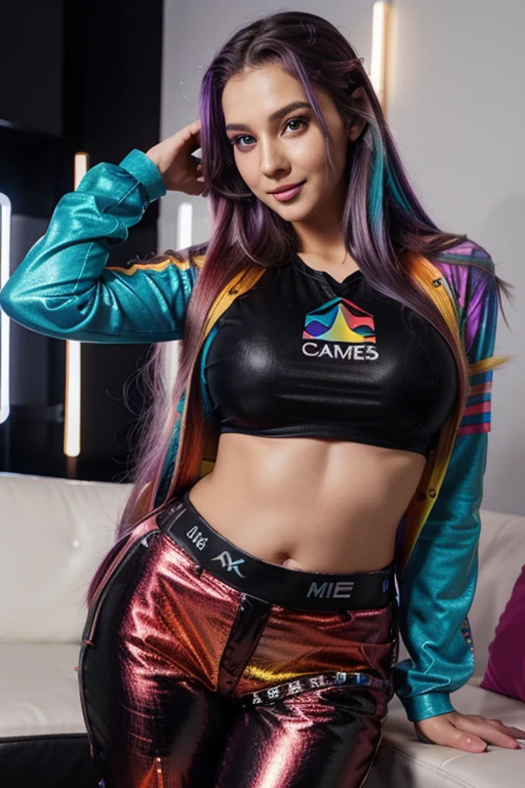 Gorgeous gamer girl in her 30s wearing led lit clothes, multicolored led long shirt & trousers, multi colored hair, very long hair, curvy body, posing to a camera, detailed eyes, detailed face, detailed hands, seductive smile