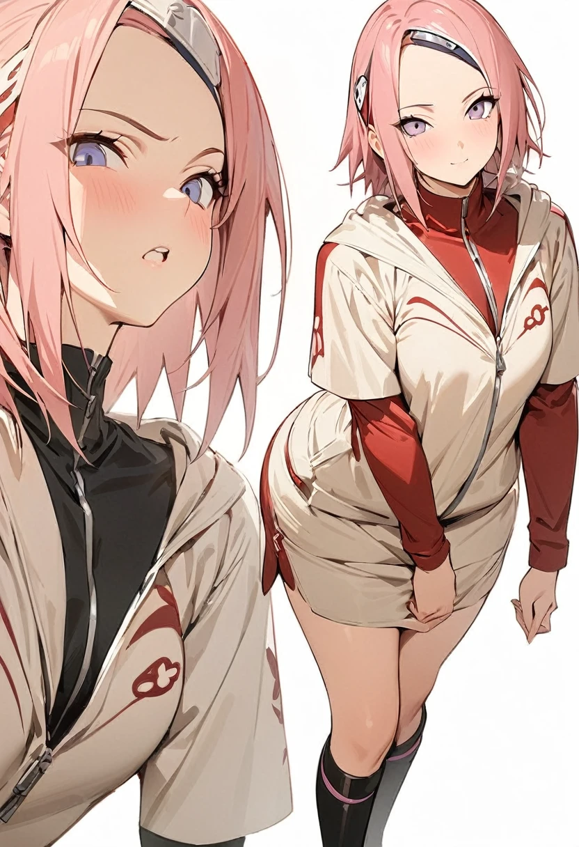 (masterpiece:1.2),(best quality:1.2),(masterpiece, best quality, ultra-high resolution), (1girl), (1 character), (Sakura Haruno), (White background), (No background), natural pose, Standing, pink hair, naruto character, perfect details in clothing