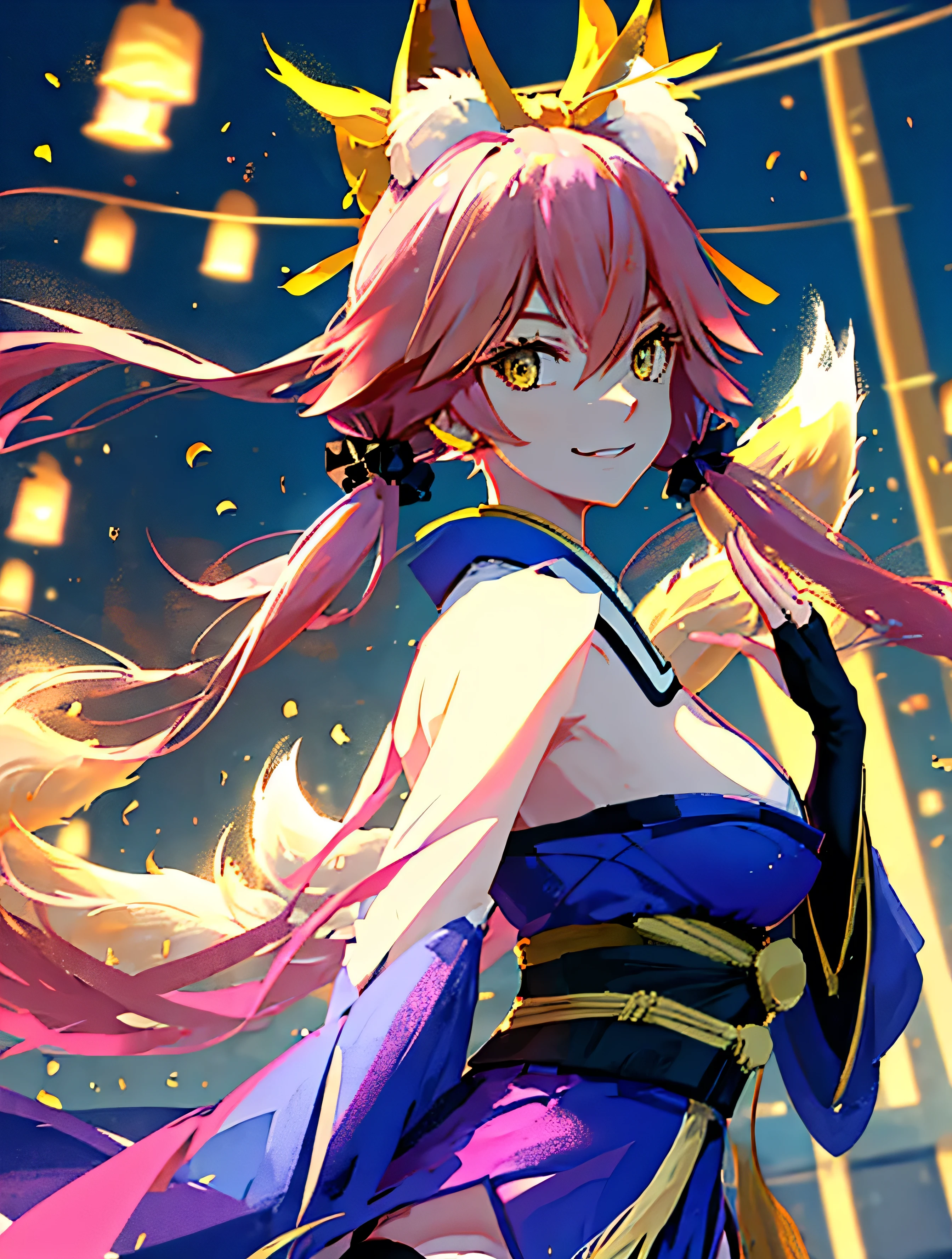 absurdres, uhd, best quality, CG, HDR, 1girl, ((upper body)), tamamo_no_mae_fgo, long pink hair, (low twintails), (blue short kimono), sleeveless kimono, blue kimono sleeves, ((large breasts)), ((black stockings, zettai ryouiki)), ((3 fox tails)), light brown tails, gentle expression, smiling, shrine, tori, sidewalk, night time,